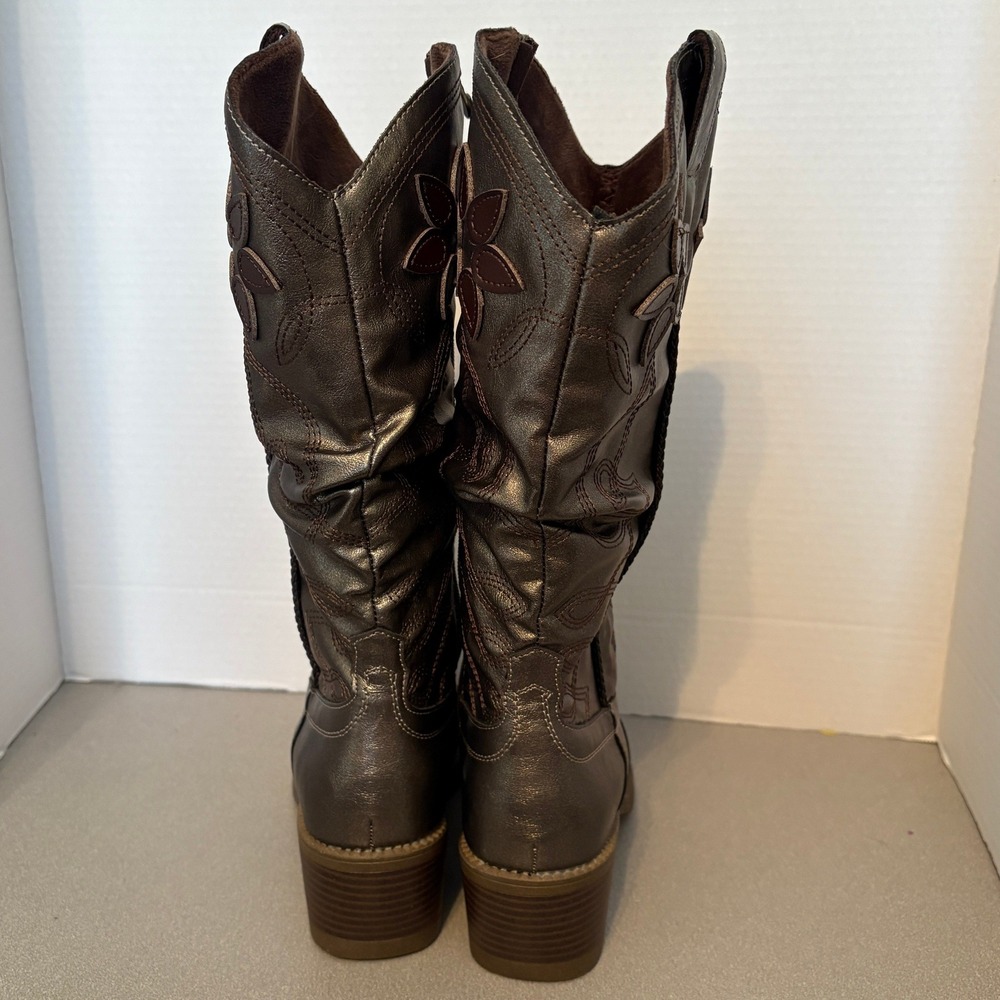 Girls Metallic Bronze Flower Boots Side Zip Block Heel Western Style Size 8 - Picture 8 of 15